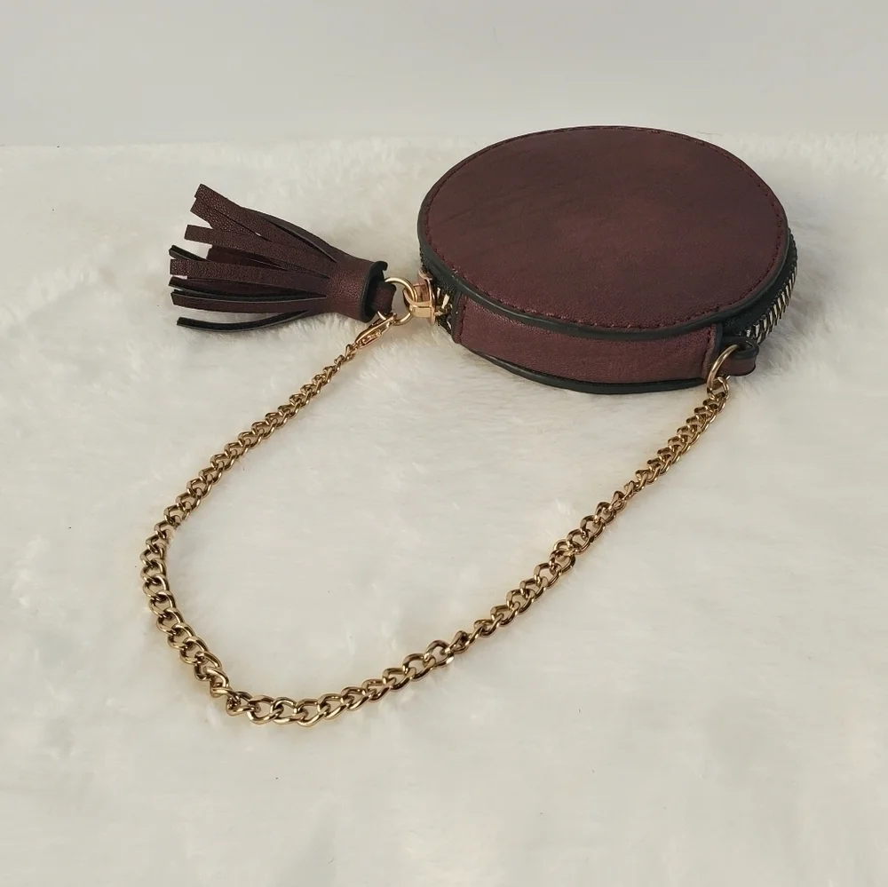 LEATHER Circular Round Shell Deep Burgundy Red Gold Chain Wristlet Purse